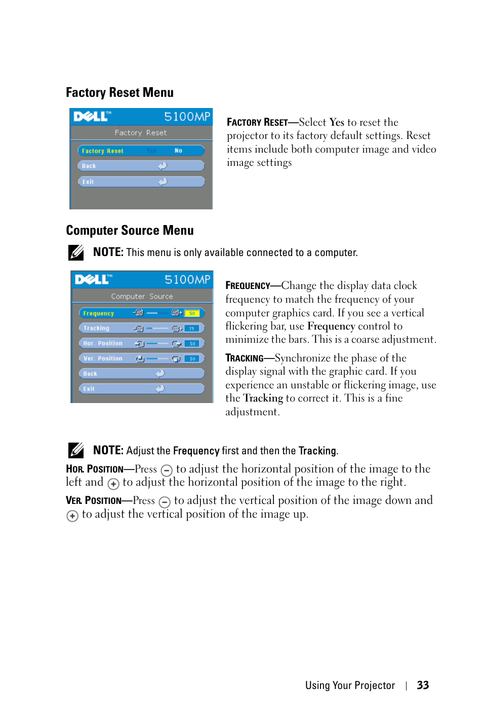 Factory reset menu, Computer source menu | Dell 5100MP Projector User Manual | Page 33 / 61