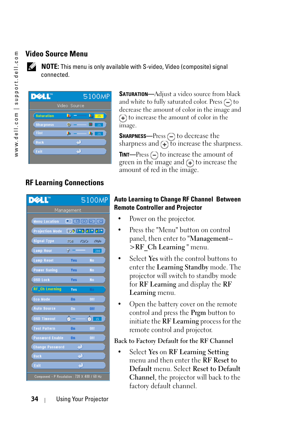 Video source menu, Rf learning connections | Dell 5100MP Projector User Manual | Page 34 / 61