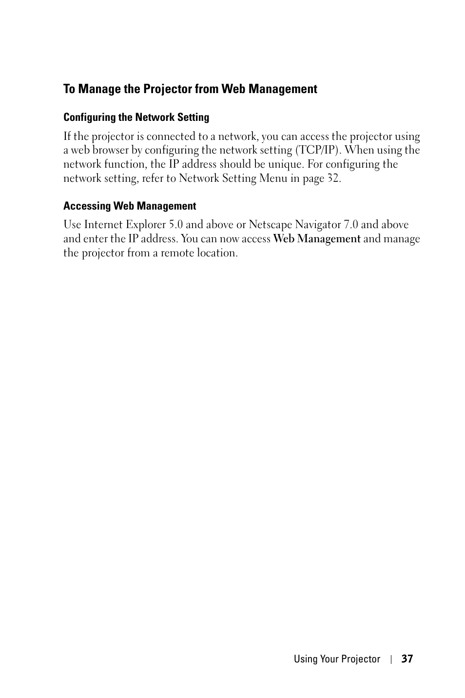 To manage the projector from web management | Dell 5100MP Projector User Manual | Page 37 / 61