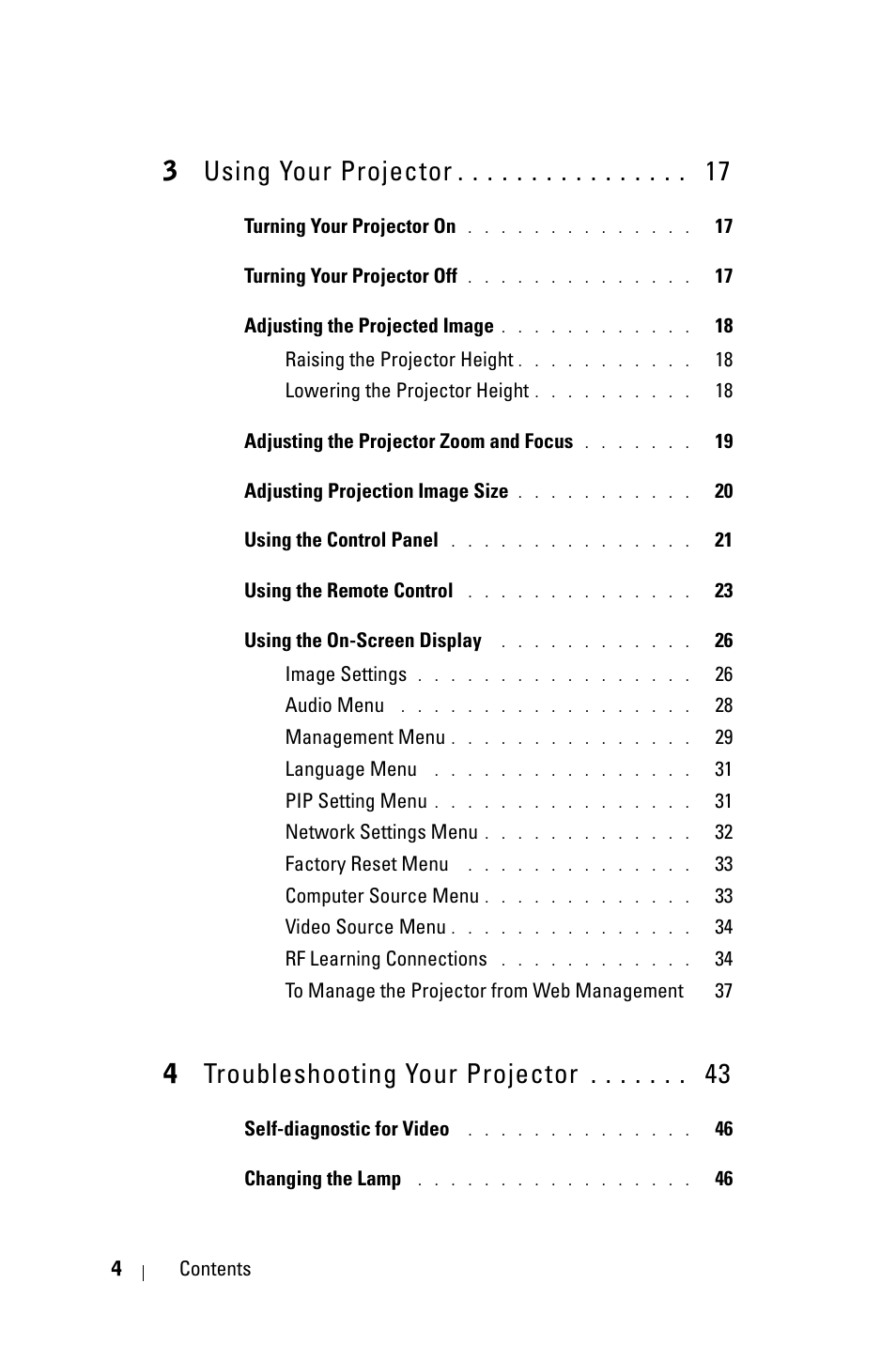 3 using your projector 17, 4 troubleshooting your projector 43, 3using your projector | 4troubleshooting your projector | Dell 5100MP Projector User Manual | Page 4 / 61