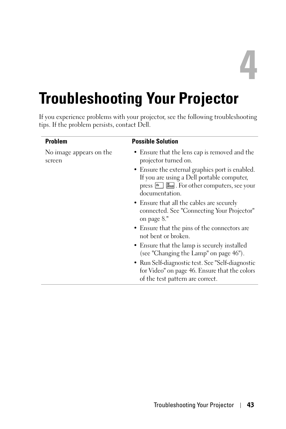 Troubleshooting your projector | Dell 5100MP Projector User Manual | Page 43 / 61
