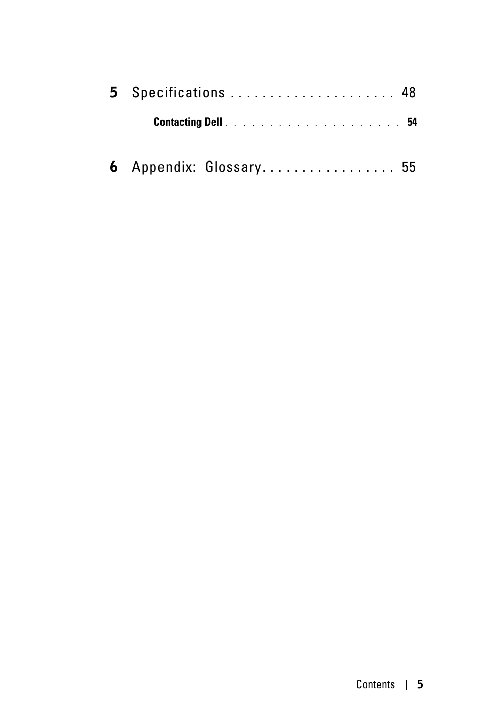 5 specifications 48, 6 appendix: glossary 55, 5specifications | 6appendix: glossary | Dell 5100MP Projector User Manual | Page 5 / 61