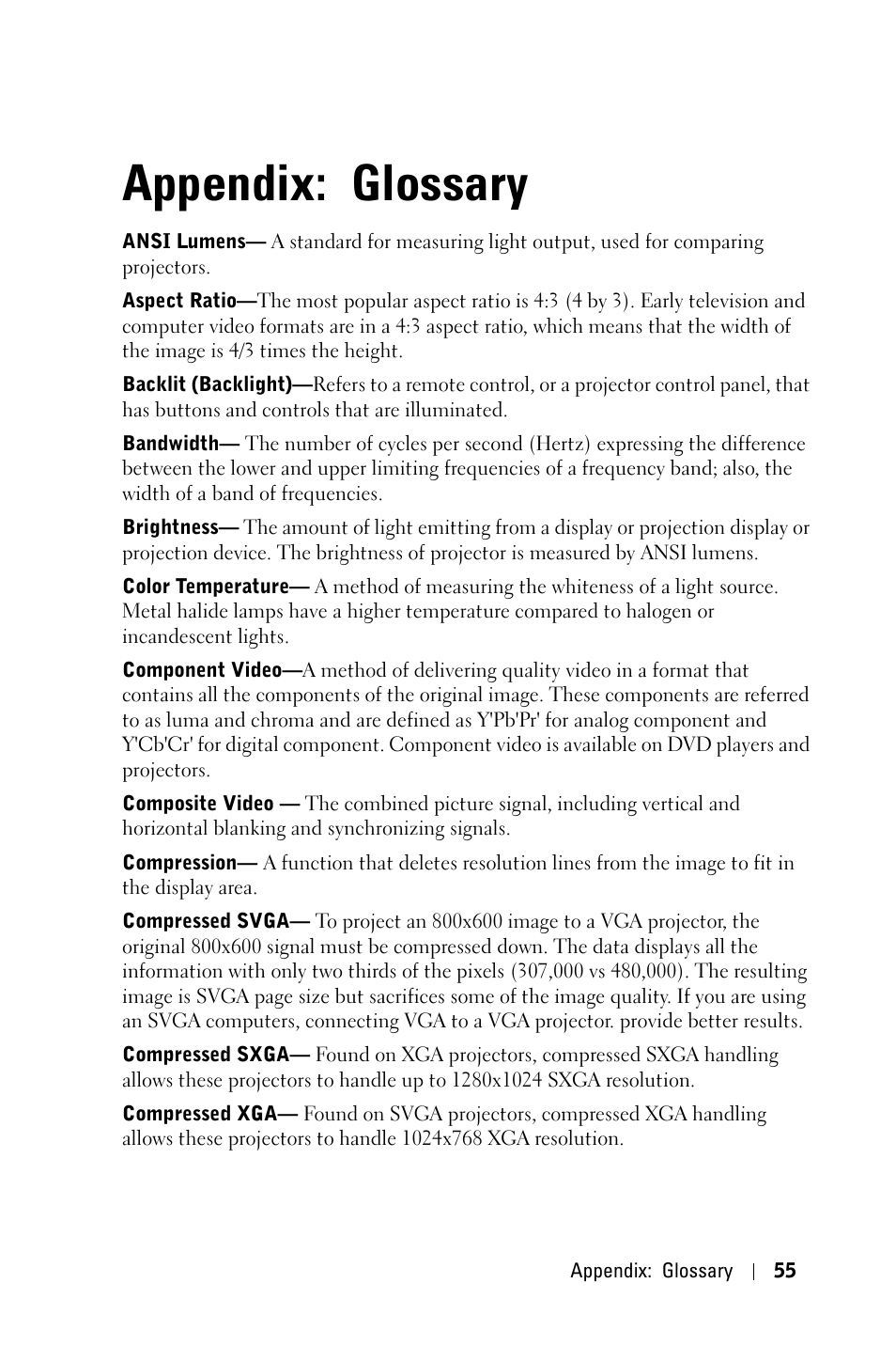 Appendix: glossary, Appendix | Dell 5100MP Projector User Manual | Page 55 / 61