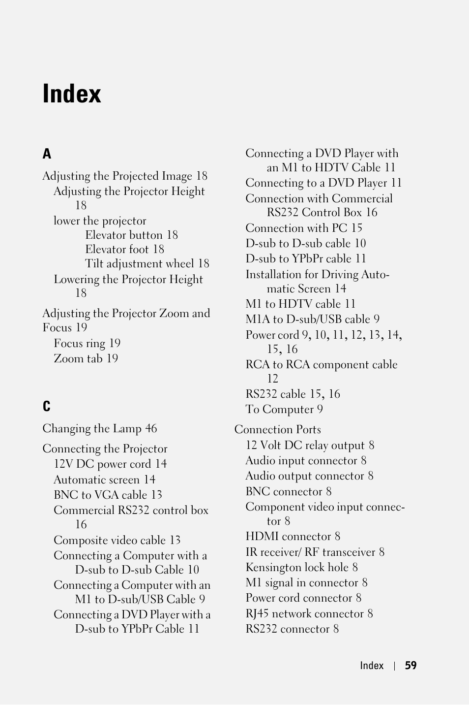 Index | Dell 5100MP Projector User Manual | Page 59 / 61