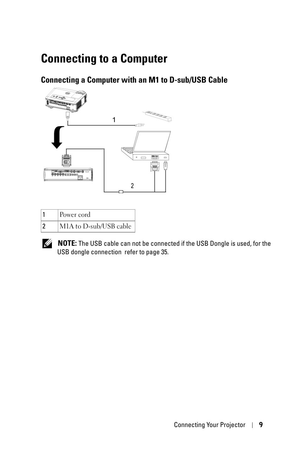 Connecting to a computer, Connecting a computer with an m1 to d-sub/usb, Cable | Dell 5100MP Projector User Manual | Page 9 / 61