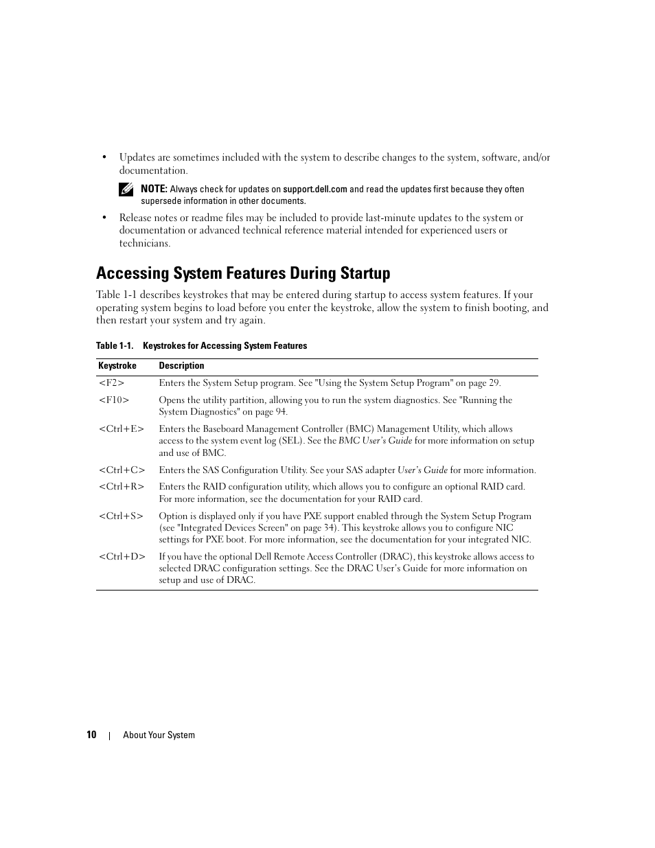 Accessing system features during startup | Dell PowerEdge 860 User Manual | Page 10 / 140