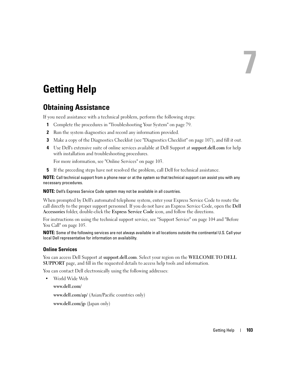 Getting help, Obtaining assistance, Online services | Dell PowerEdge 860 User Manual | Page 103 / 140