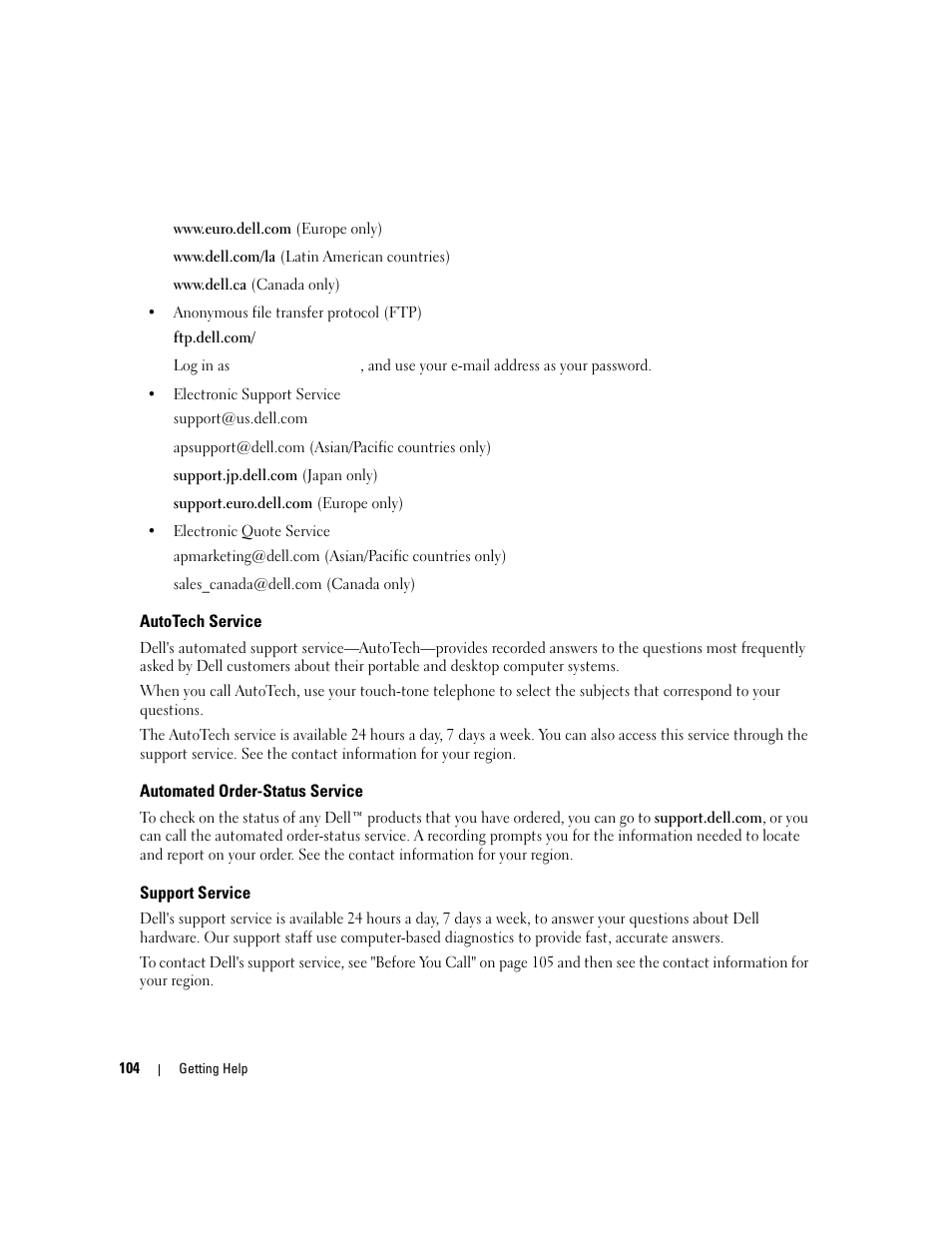 Autotech service, Automated order-status service, Support service | Dell PowerEdge 860 User Manual | Page 104 / 140