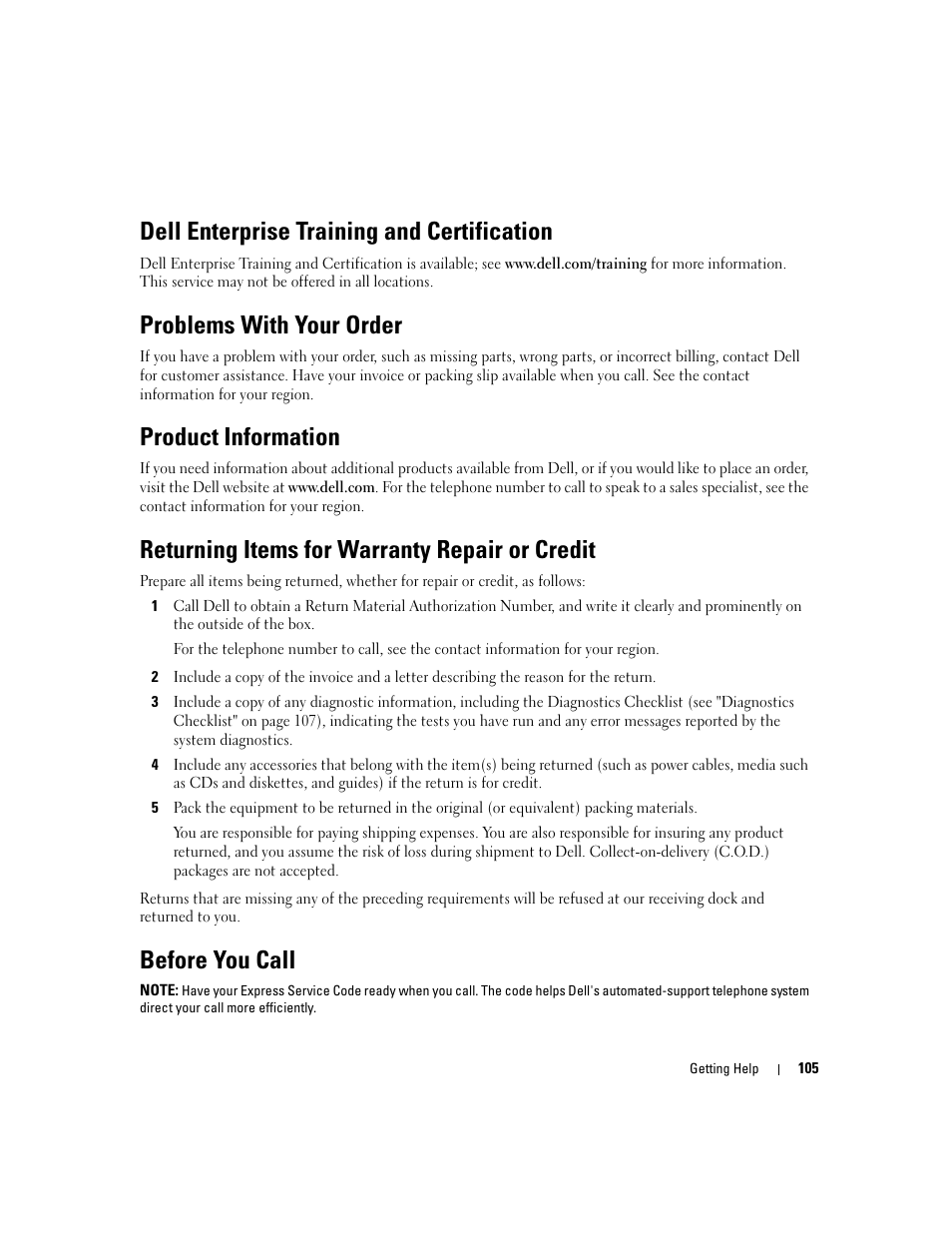 Dell enterprise training and certification, Problems with your order, Product information | Returning items for warranty repair or credit, Before you call | Dell PowerEdge 860 User Manual | Page 105 / 140