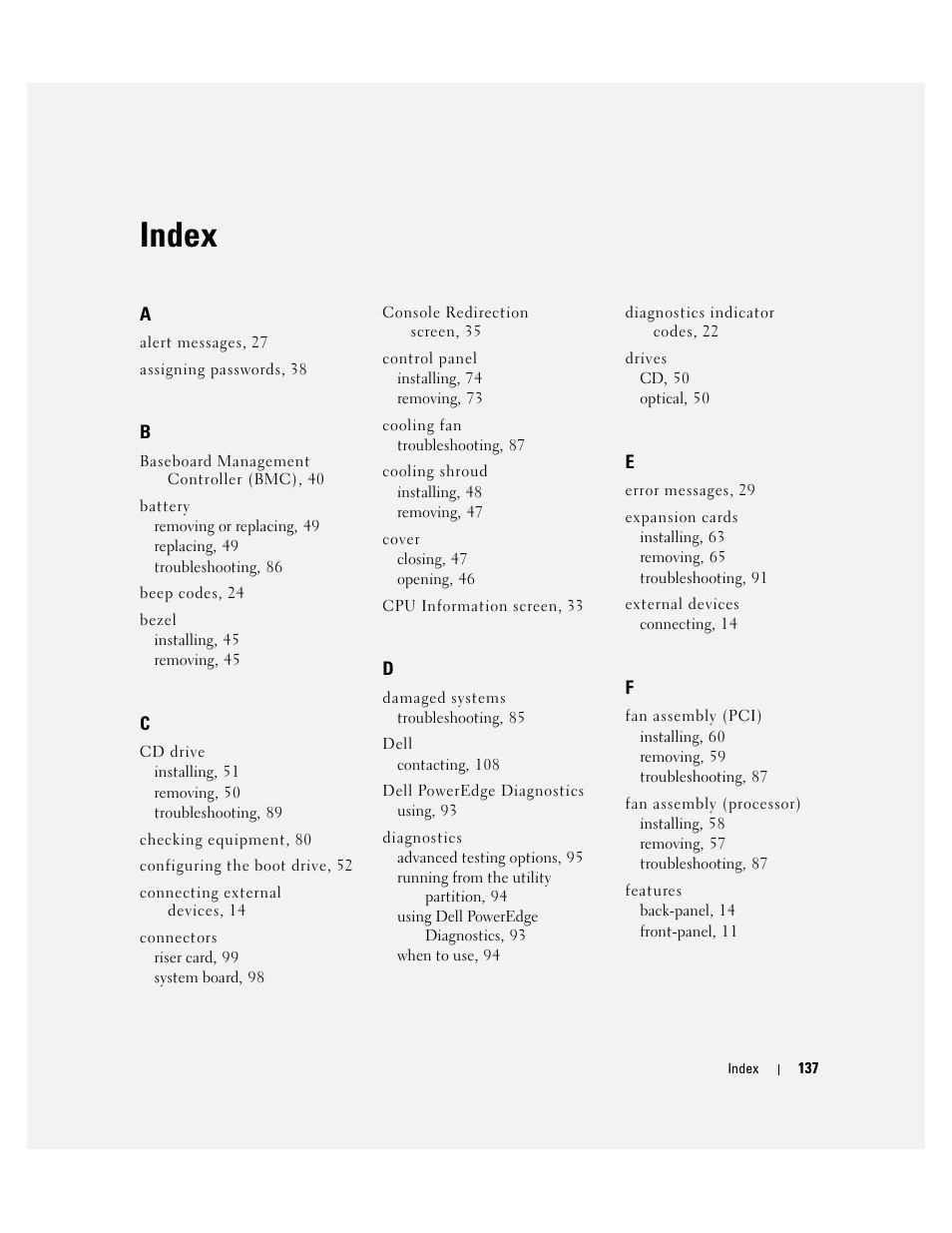 Index | Dell PowerEdge 860 User Manual | Page 137 / 140