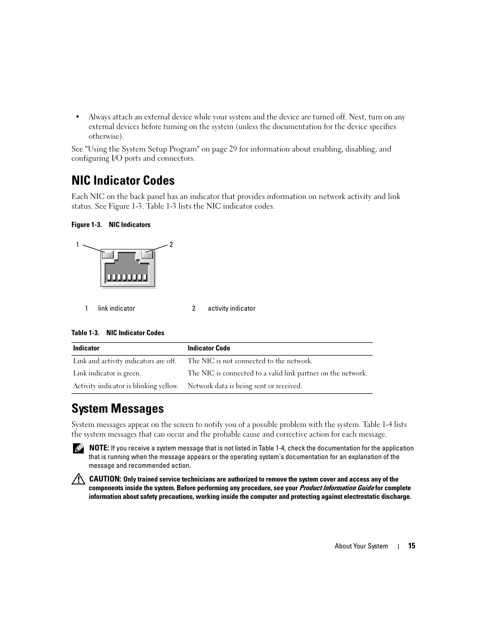 Nic indicator codes, System messages | Dell PowerEdge 860 User Manual | Page 15 / 140