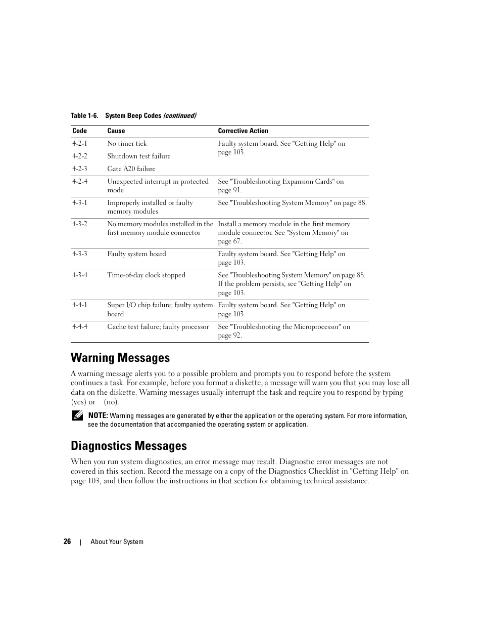 Warning messages, Diagnostics messages | Dell PowerEdge 860 User Manual | Page 26 / 140