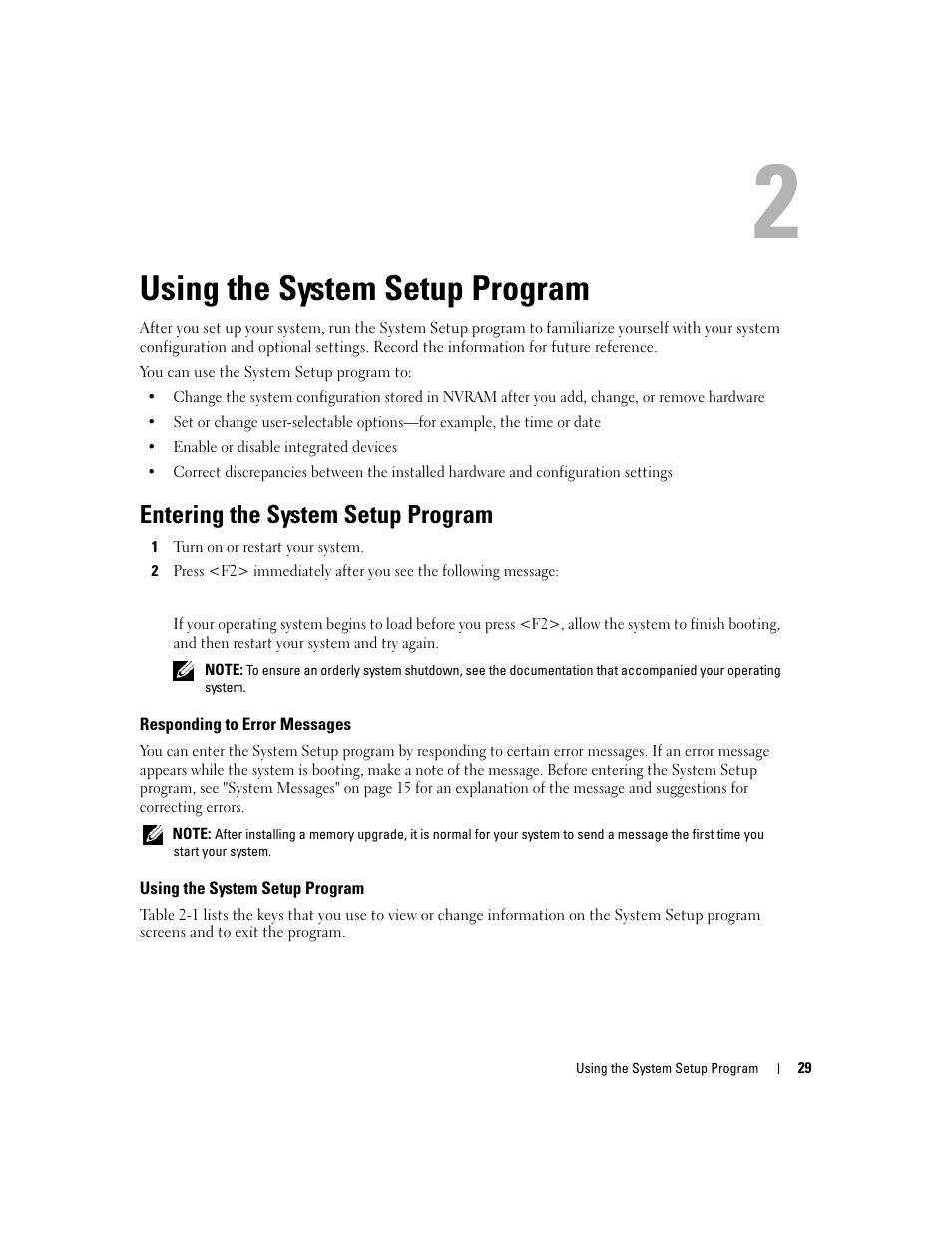 Using the system setup program, Entering the system setup program, Responding to error messages | Dell PowerEdge 860 User Manual | Page 29 / 140