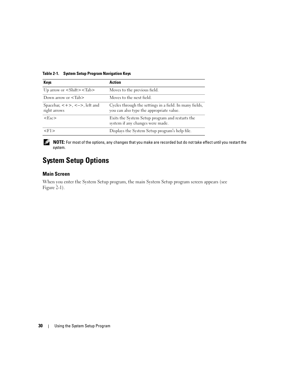 System setup options, Main screen | Dell PowerEdge 860 User Manual | Page 30 / 140