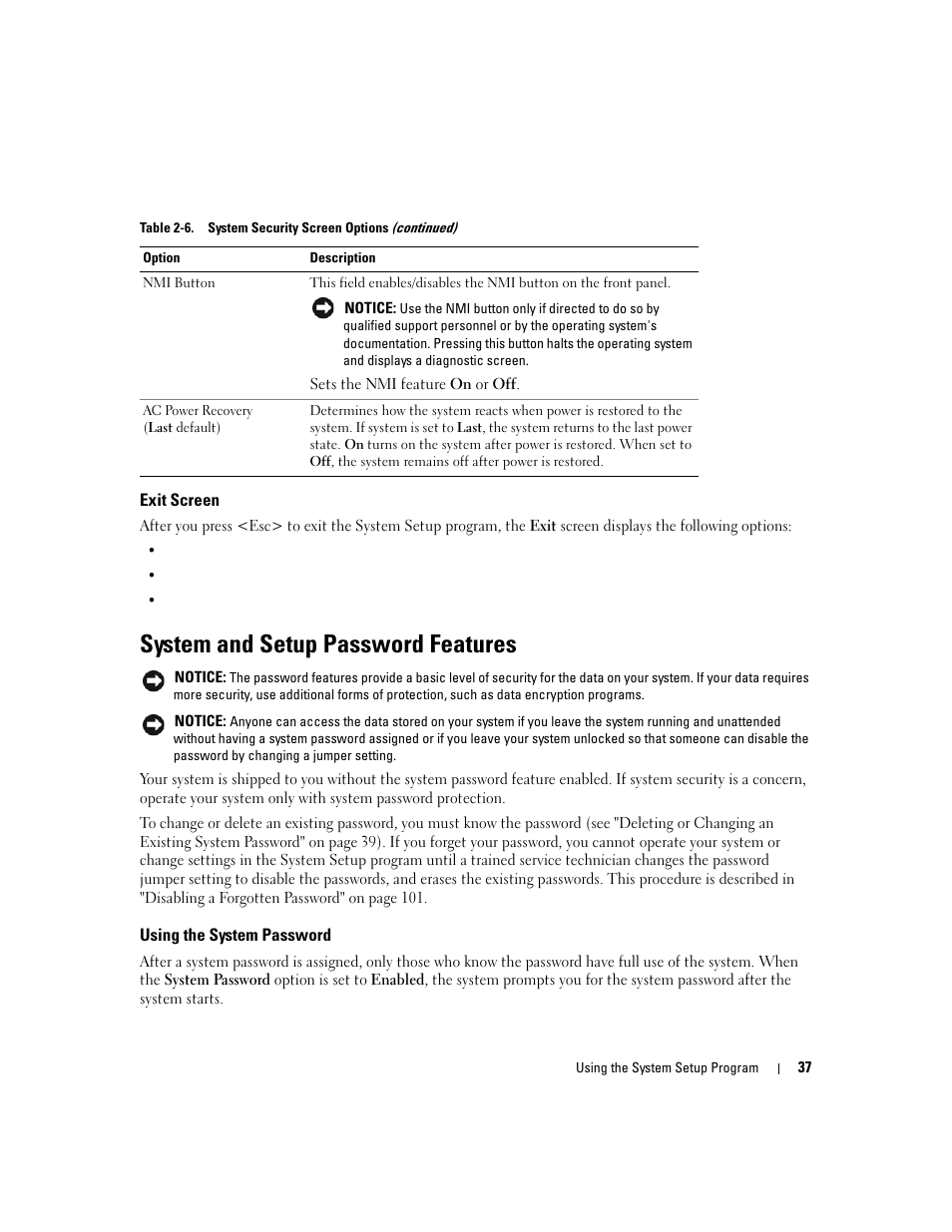 Exit screen, System and setup password features, Using the system password | Dell PowerEdge 860 User Manual | Page 37 / 140