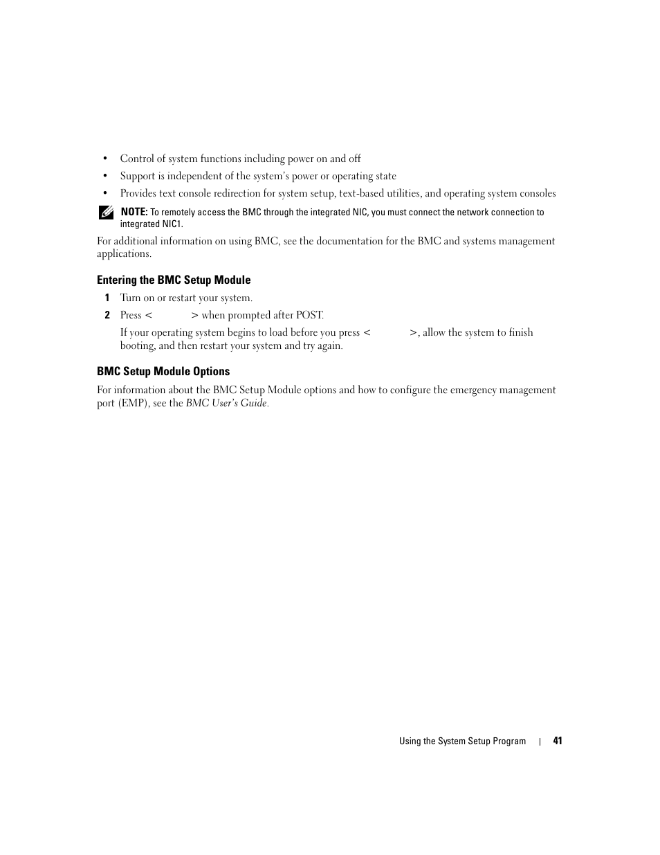 Entering the bmc setup module, Bmc setup module options | Dell PowerEdge 860 User Manual | Page 41 / 140