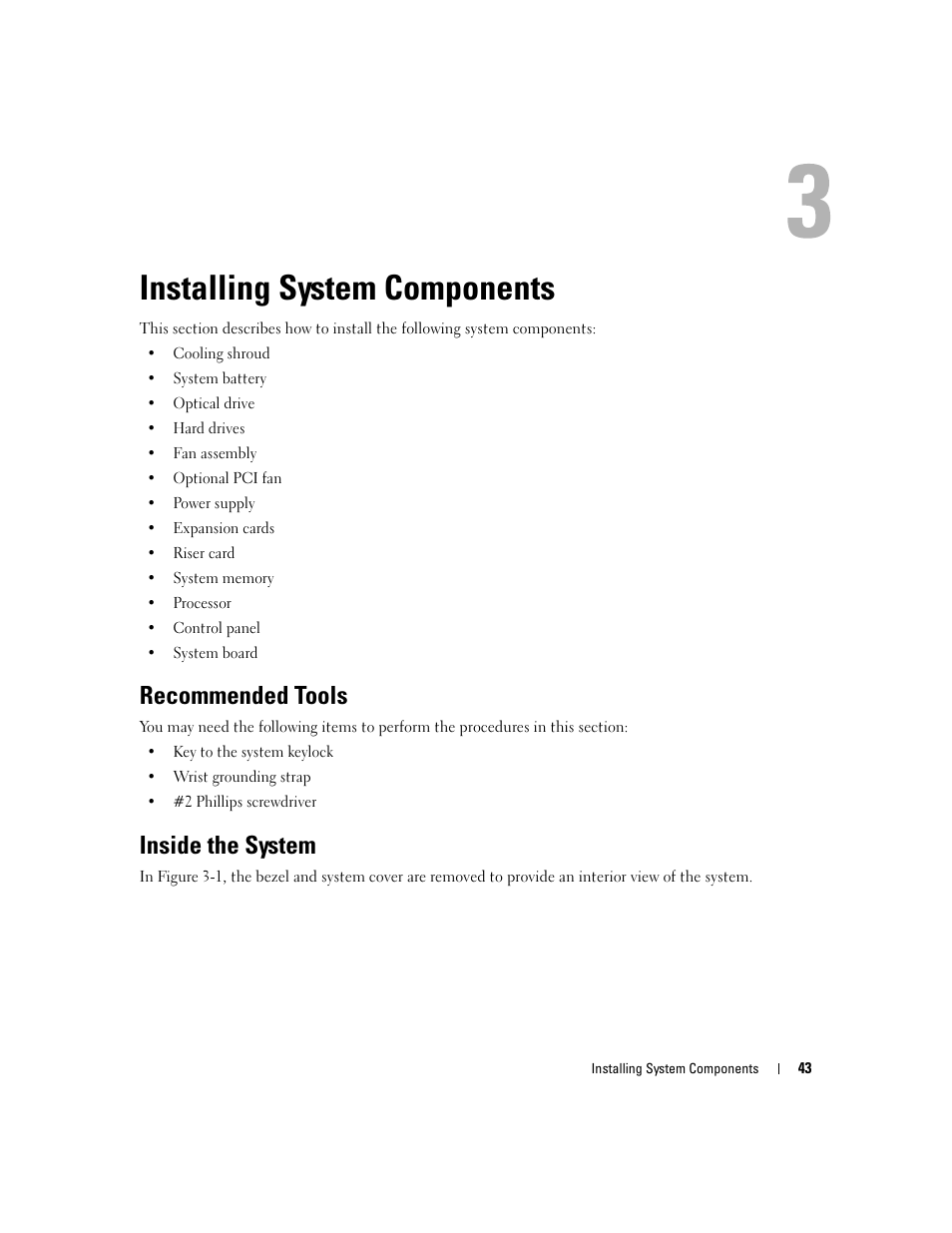 Installing system components, Recommended tools, Inside the system | Dell PowerEdge 860 User Manual | Page 43 / 140