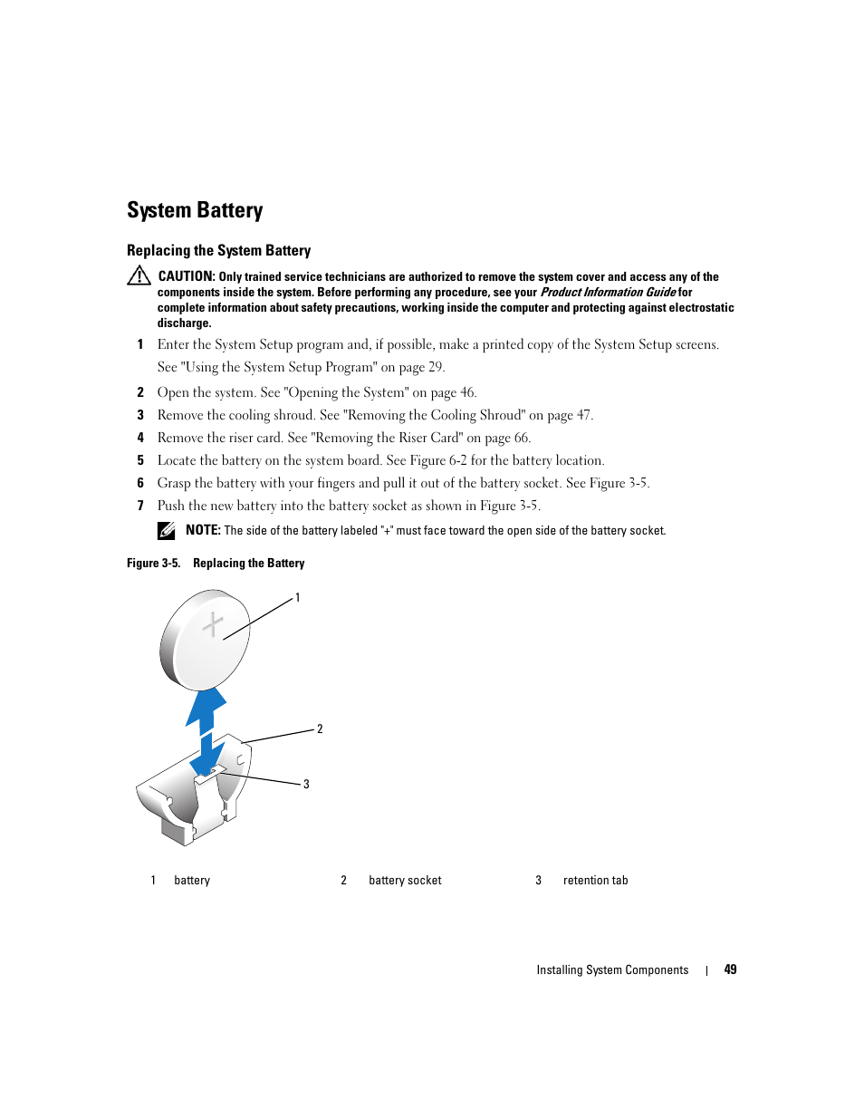 System battery, Replacing the system battery | Dell PowerEdge 860 User Manual | Page 49 / 140