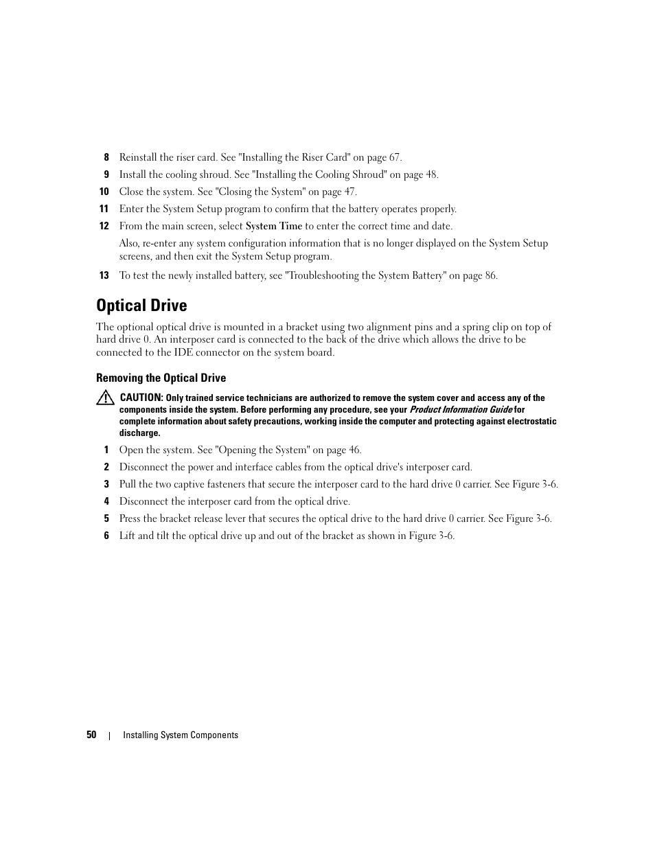 Optical drive, Removing the optical drive | Dell PowerEdge 860 User Manual | Page 50 / 140