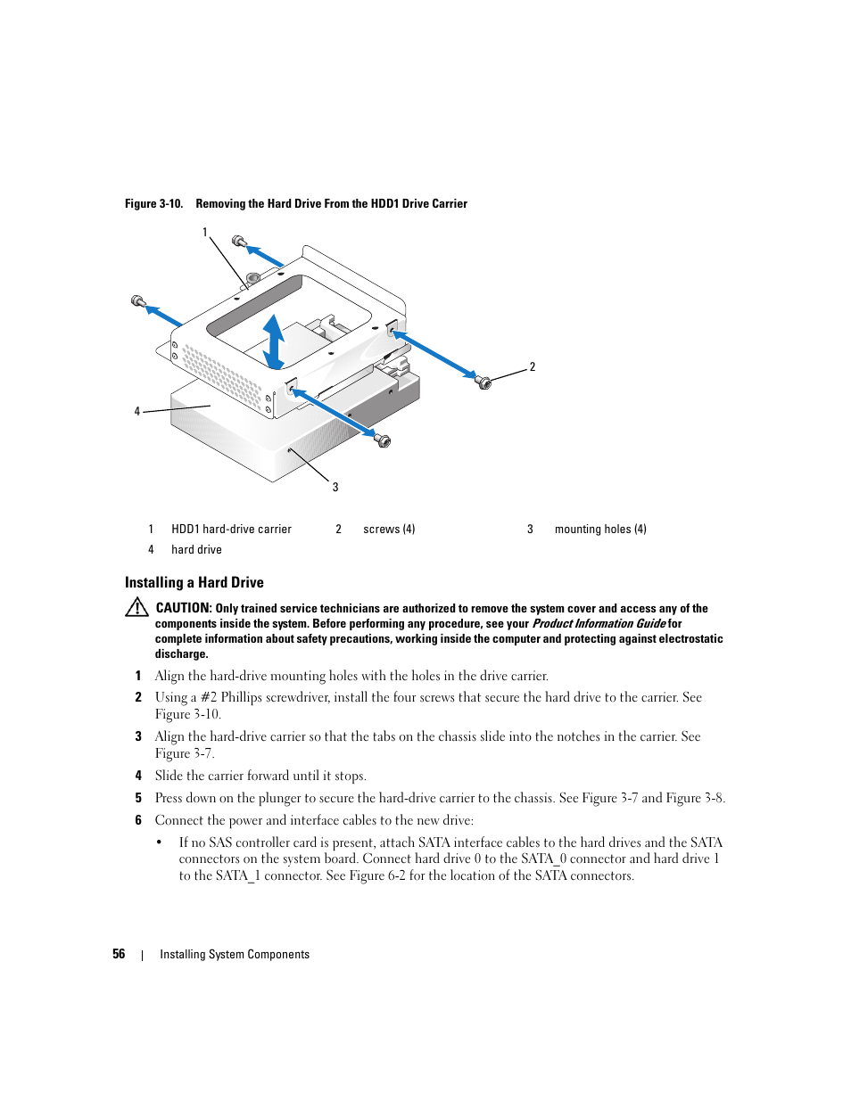 Installing a hard drive | Dell PowerEdge 860 User Manual | Page 56 / 140