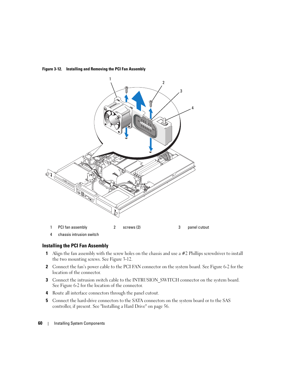 Installing the pci fan assembly | Dell PowerEdge 860 User Manual | Page 60 / 140