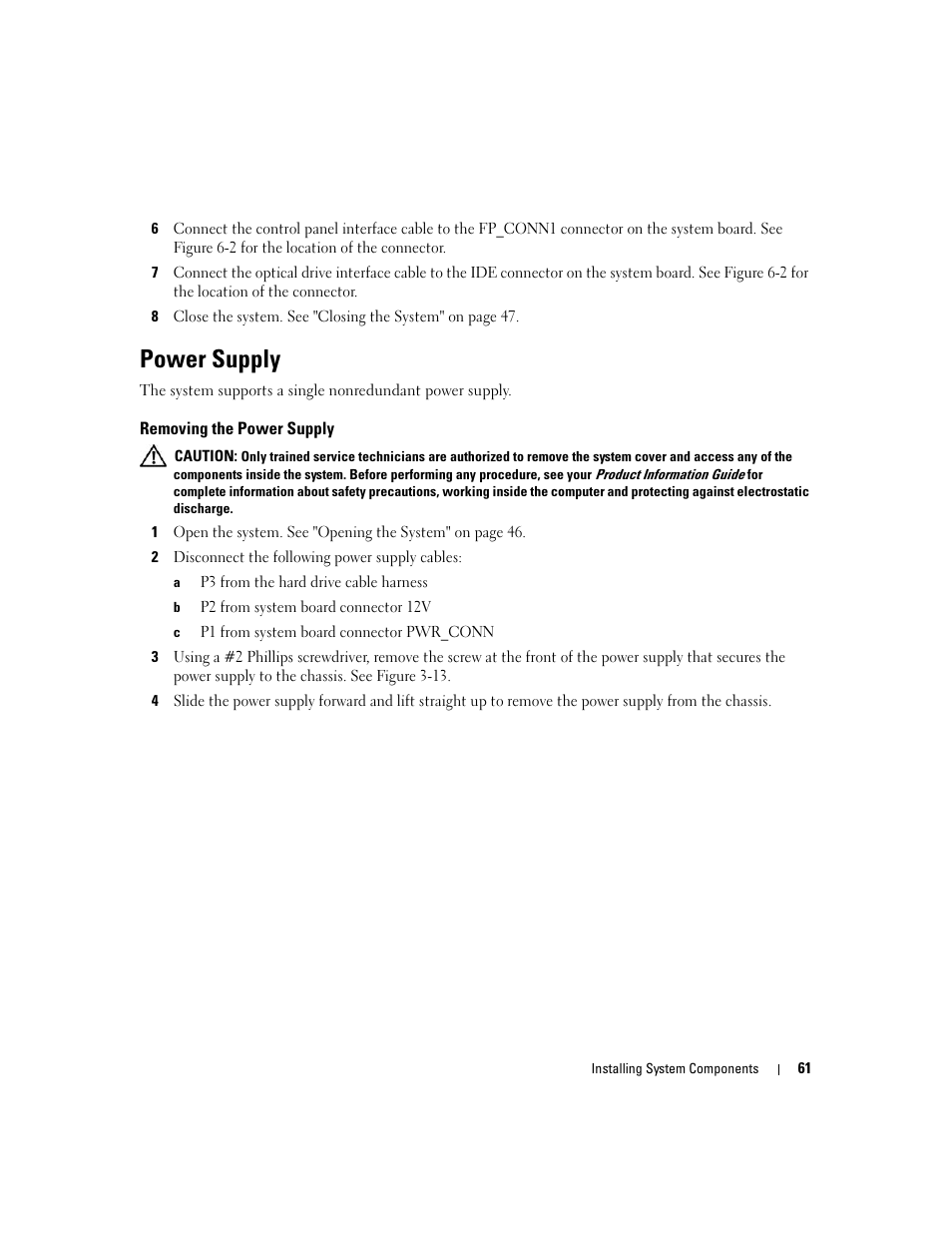 Power supply, Removing the power supply | Dell PowerEdge 860 User Manual | Page 61 / 140