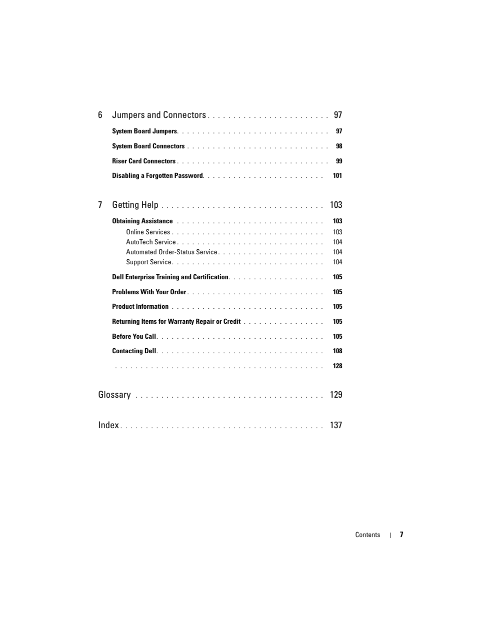 6jumpers and connectors, 7getting help, Glossary | 129 index | Dell PowerEdge 860 User Manual | Page 7 / 140