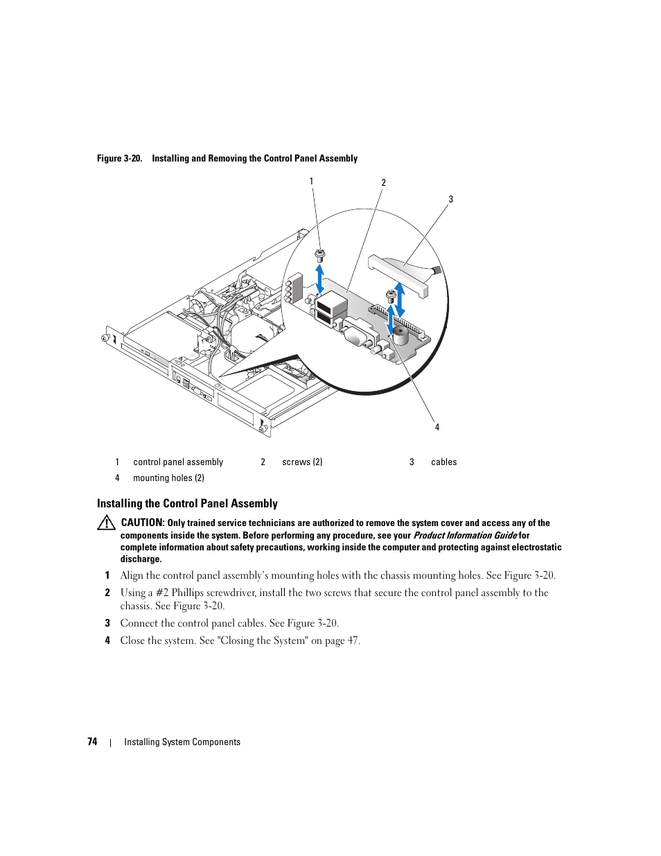 Installing the control panel assembly, Chassis. see figure 3-20 | Dell PowerEdge 860 User Manual | Page 74 / 140