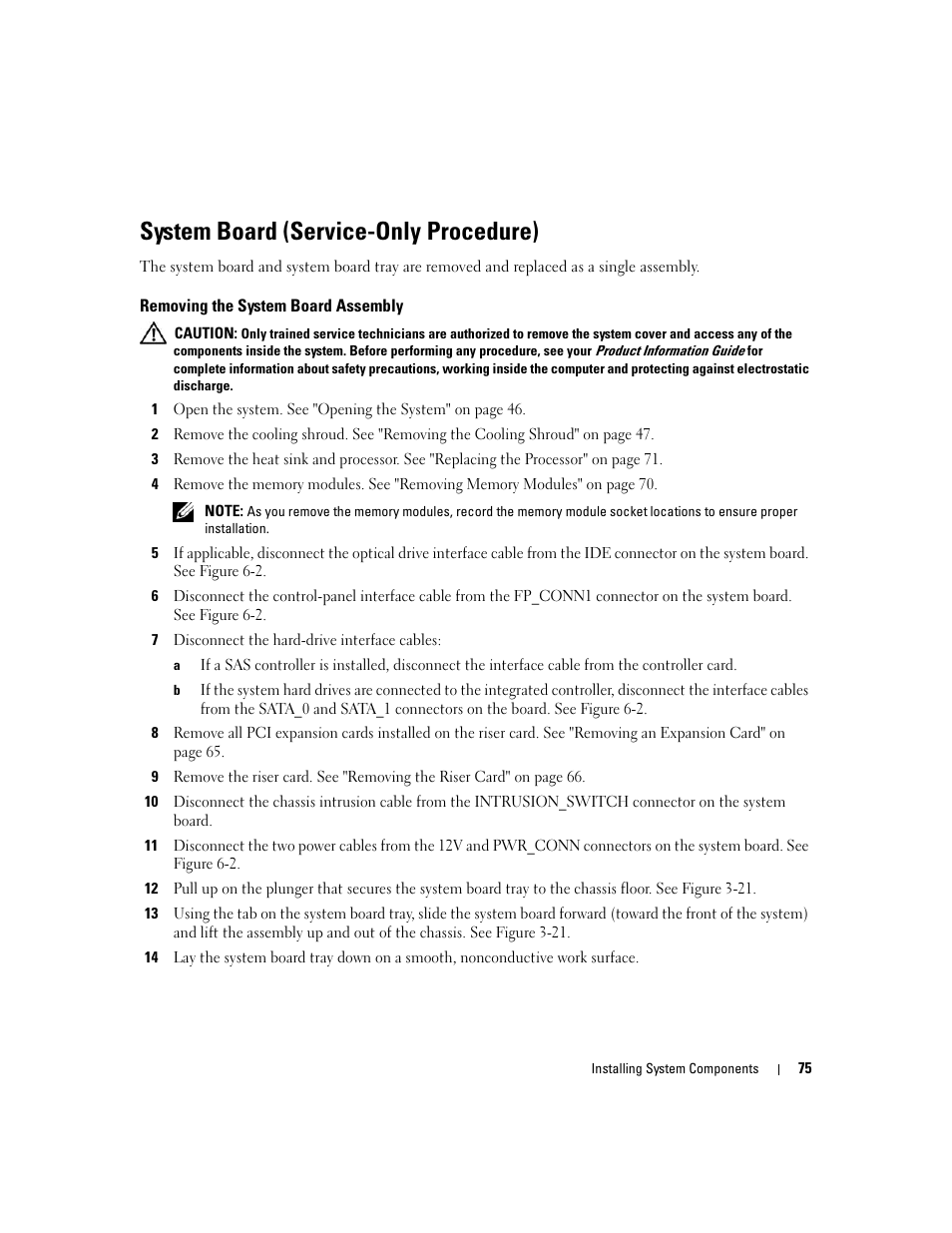 System board (service-only procedure), Removing the system board assembly | Dell PowerEdge 860 User Manual | Page 75 / 140