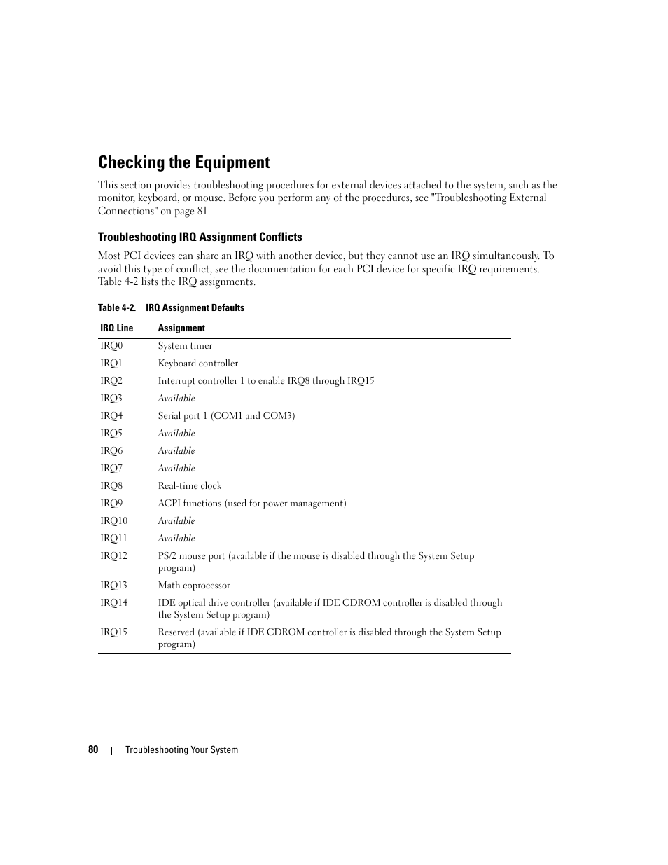 Checking the equipment, Troubleshooting irq assignment conflicts | Dell PowerEdge 860 User Manual | Page 80 / 140