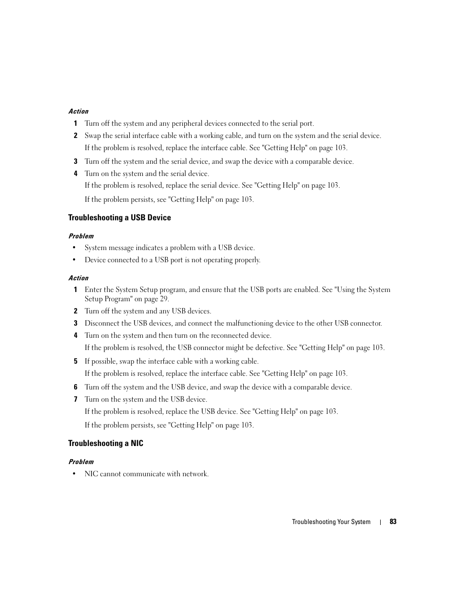 Troubleshooting a usb device, Troubleshooting a nic | Dell PowerEdge 860 User Manual | Page 83 / 140