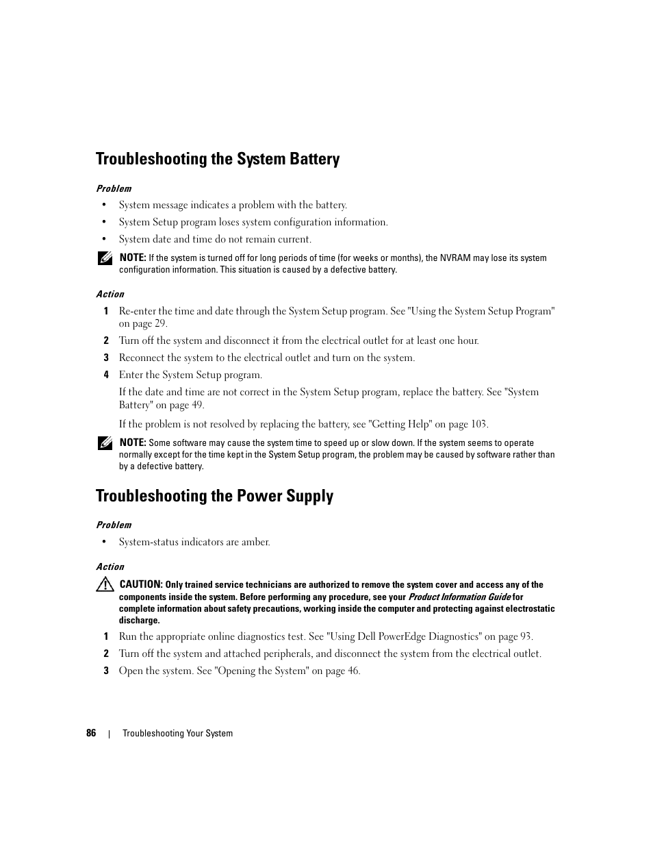 Troubleshooting the system battery, Troubleshooting the power supply | Dell PowerEdge 860 User Manual | Page 86 / 140