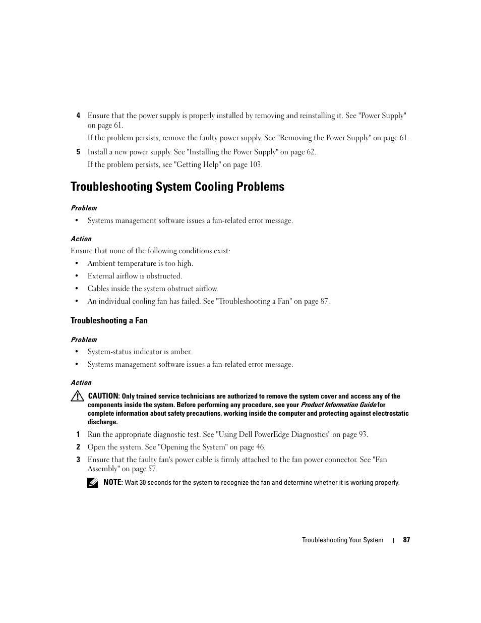Troubleshooting system cooling problems, Troubleshooting a fan | Dell PowerEdge 860 User Manual | Page 87 / 140