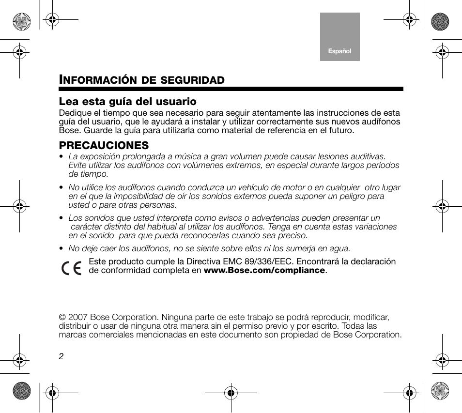 Lea esta guía del usuario, Precauciones | Bose Mobile On-Ear Headset User Manual | Page 12 / 36