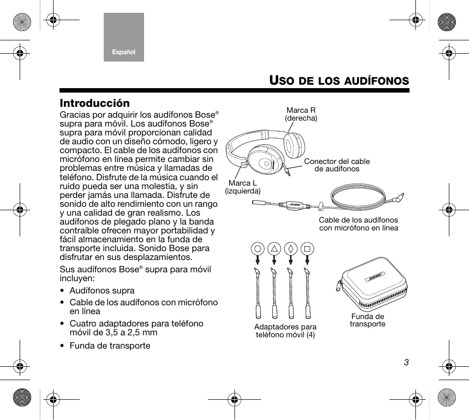 Introducción, Audífonos | Bose Mobile On-Ear Headset User Manual | Page 13 / 36