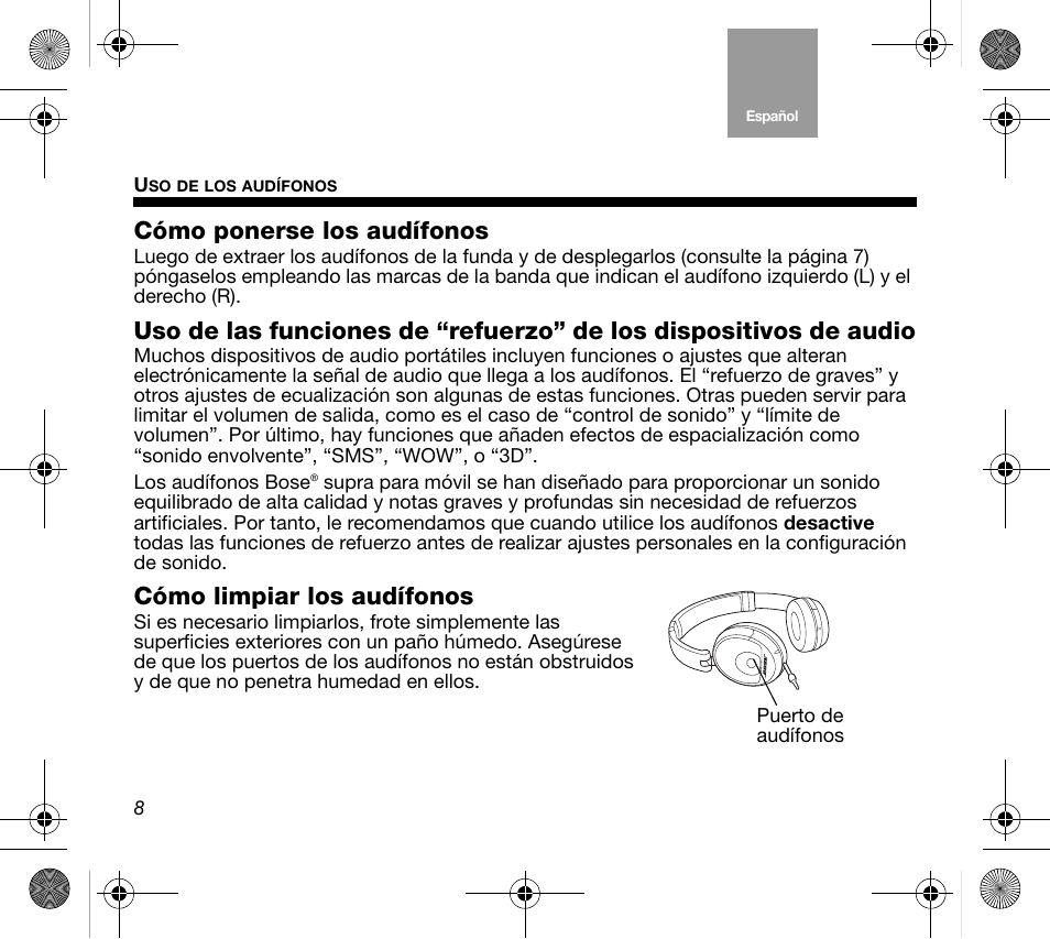 Cómo ponerse los audífonos, Cómo limpiar los audífonos | Bose Mobile On-Ear Headset User Manual | Page 18 / 36