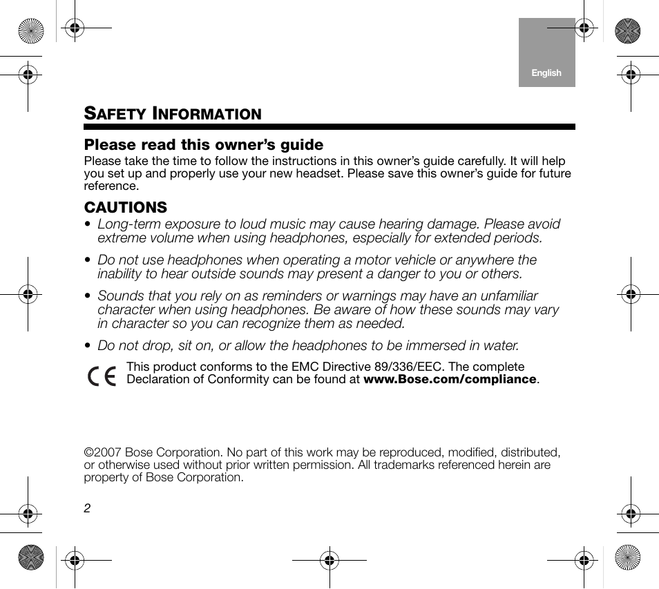 Please read this owner’s guide, Cautions | Bose Mobile On-Ear Headset User Manual | Page 2 / 36