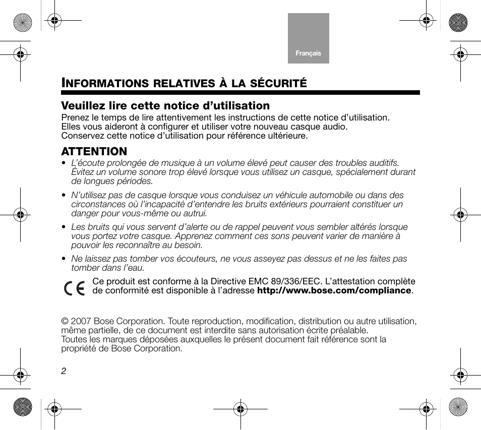 Veuillez lire cette notice d’utilisation, Attention | Bose Mobile On-Ear Headset User Manual | Page 22 / 36