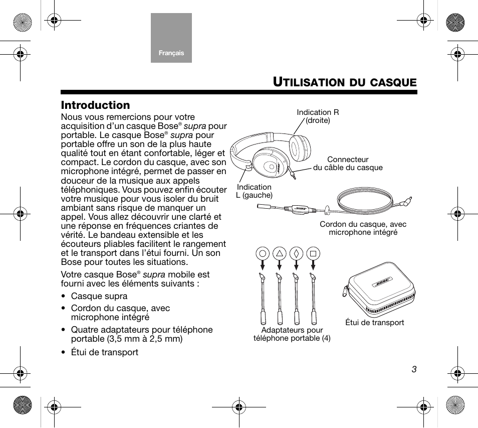 Introduction, Tilisation, Casque | Bose Mobile On-Ear Headset User Manual | Page 23 / 36