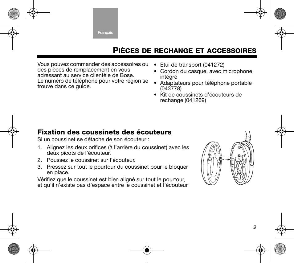 Fixation des coussinets des écouteurs | Bose Mobile On-Ear Headset User Manual | Page 29 / 36