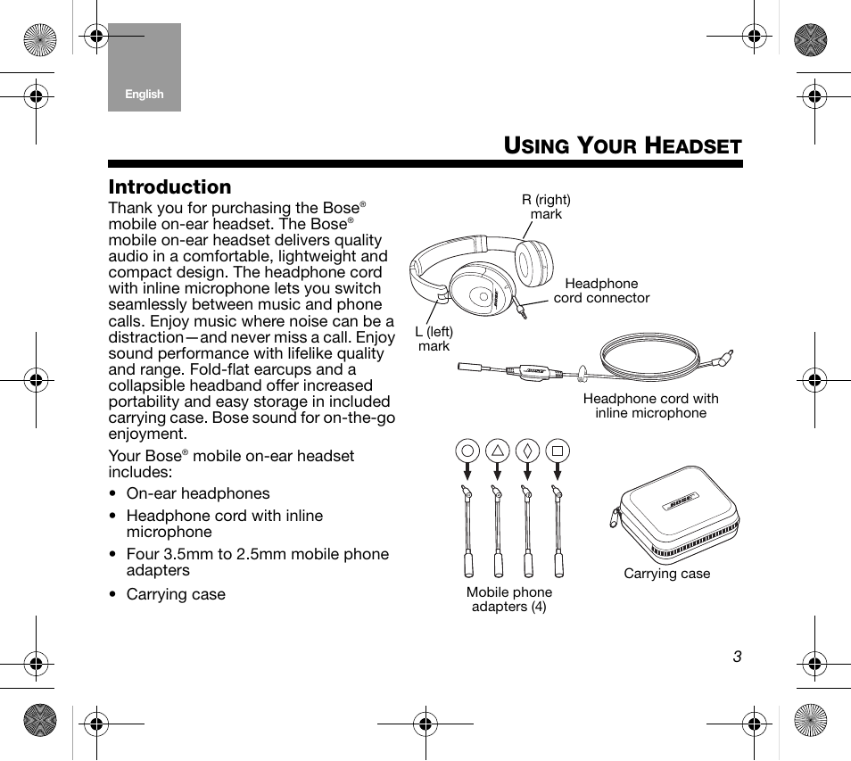 Introduction, Sing, Eadset | Bose Mobile On-Ear Headset User Manual | Page 3 / 36