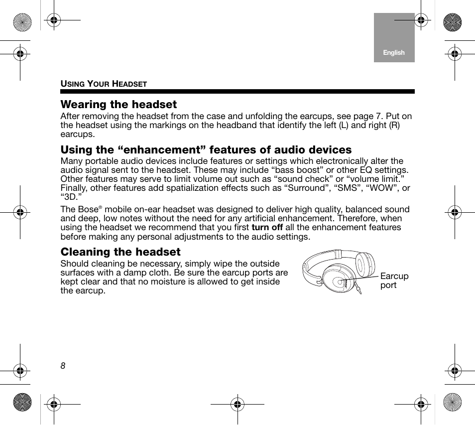 Wearing the headset, Using the “enhancement” features of audio devices, Cleaning the headset | Bose Mobile On-Ear Headset User Manual | Page 8 / 36