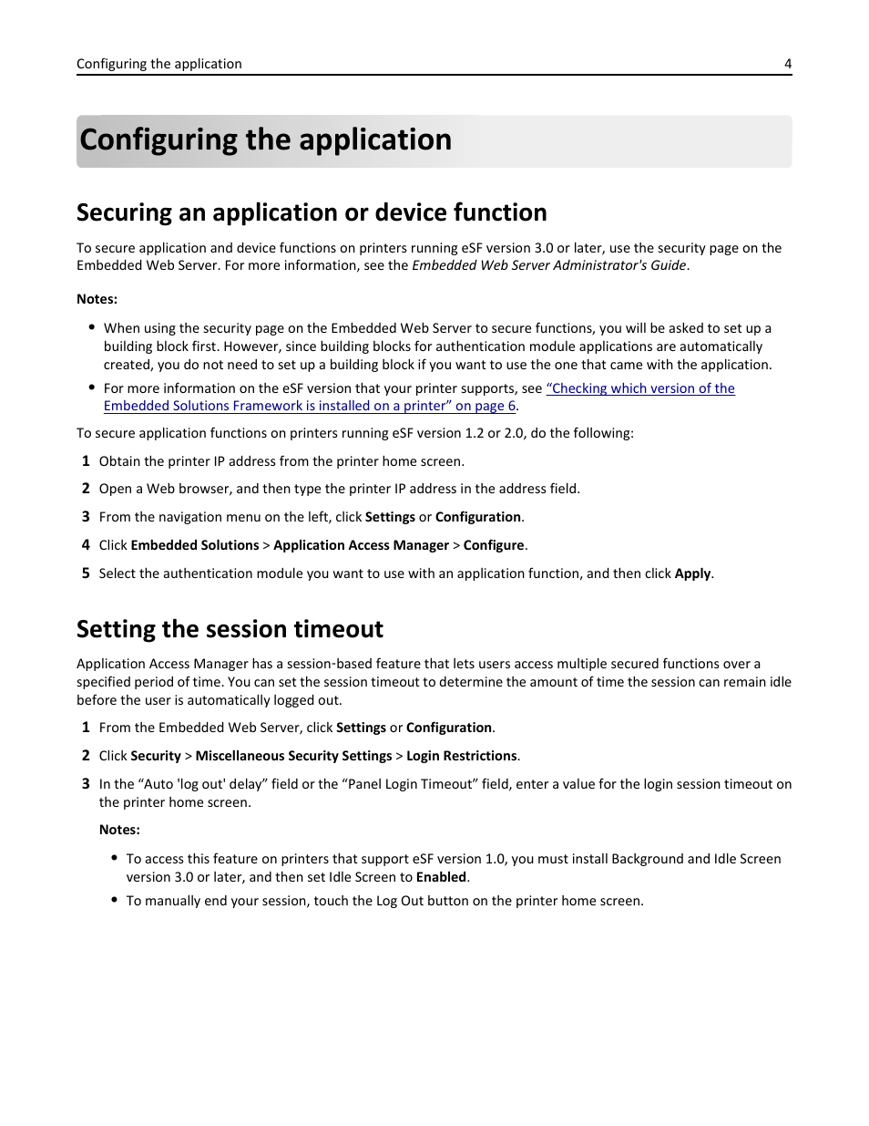 Configuring the application, Securing an application or device function, Setting the session timeout | Dell B3465dnf Mono Laser Multifunction Printer User Manual | Page 4 / 12