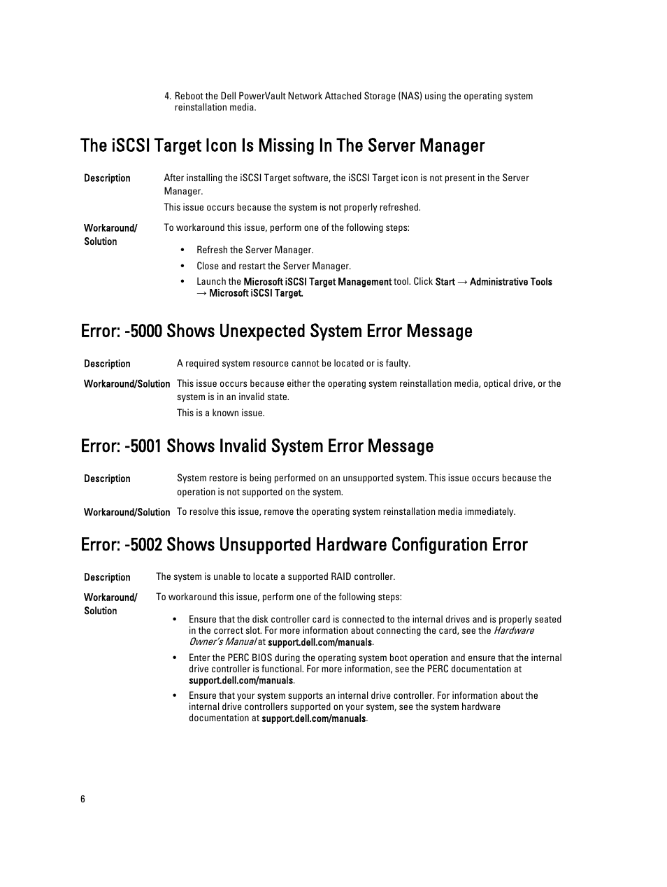 Error: -5000 shows unexpected system error message, Error: -5001 shows invalid system error message | Dell PowerVault NX3100 User Manual | Page 6 / 15