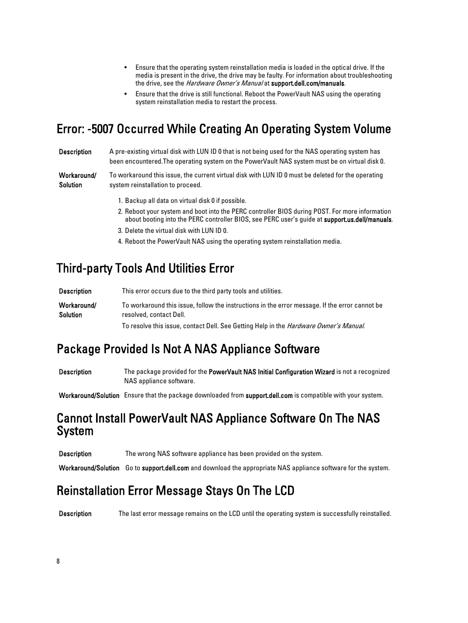 Third-party tools and utilities error, Package provided is not a nas appliance software, Reinstallation error message stays on the lcd | Dell PowerVault NX3100 User Manual | Page 8 / 15