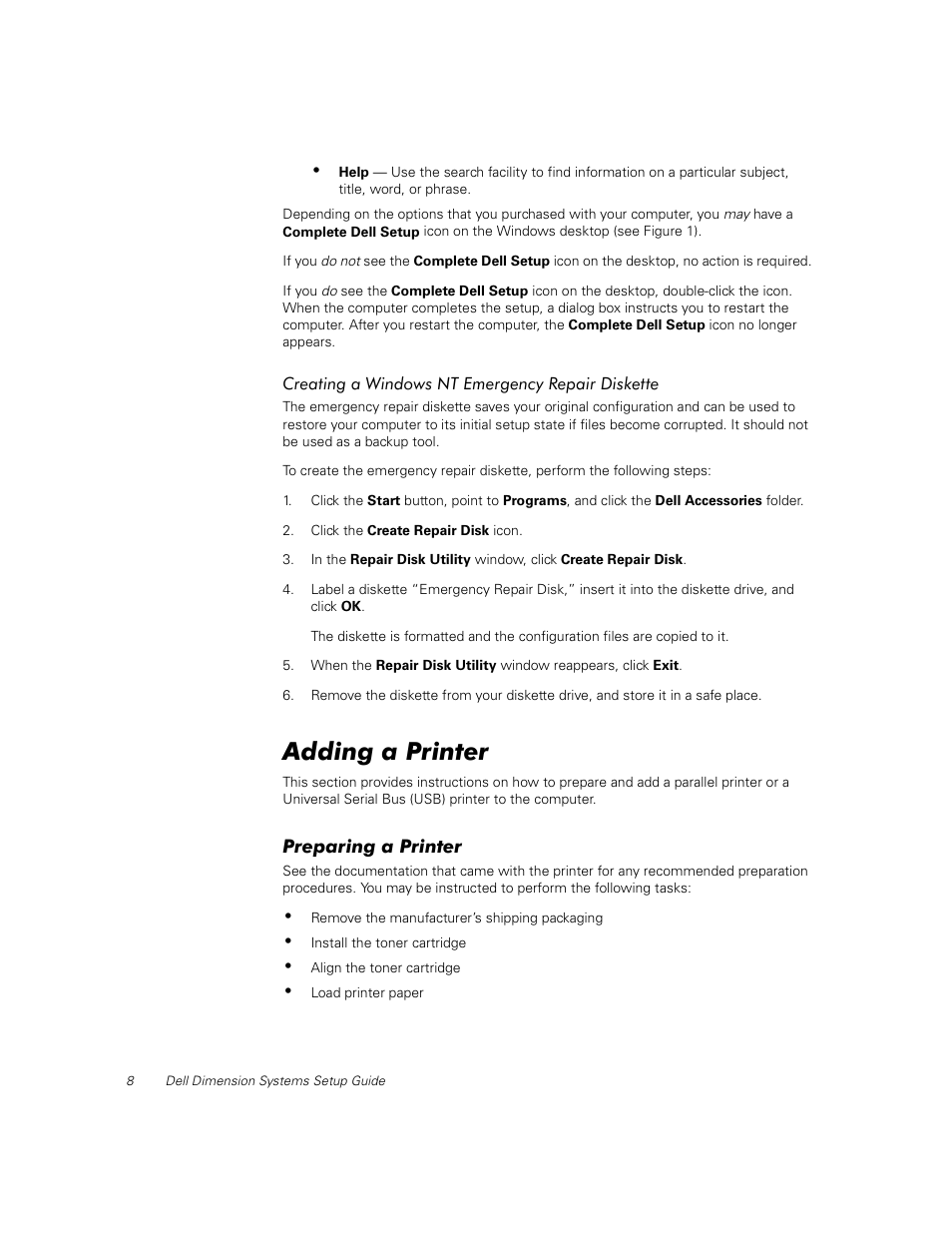 Creating a windows nt emergency repair diskette, Adding a printer, Preparing a printer | Dell Dimension L___cx User Manual | Page 10 / 14