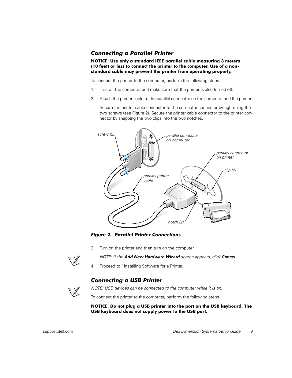Connecting a parallel printer, Connecting a usb printer | Dell Dimension L___cx User Manual | Page 11 / 14