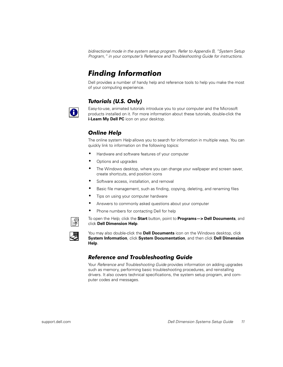 Finding information, Tutorials (u.s. only), Online help | Reference and troubleshooting guide | Dell Dimension L___cx User Manual | Page 13 / 14