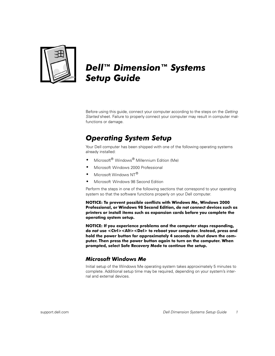 Operating system setup, Microsoft windows me, Dell™ dimension™ systems setup guide | Dell Dimension L___cx User Manual | Page 3 / 14