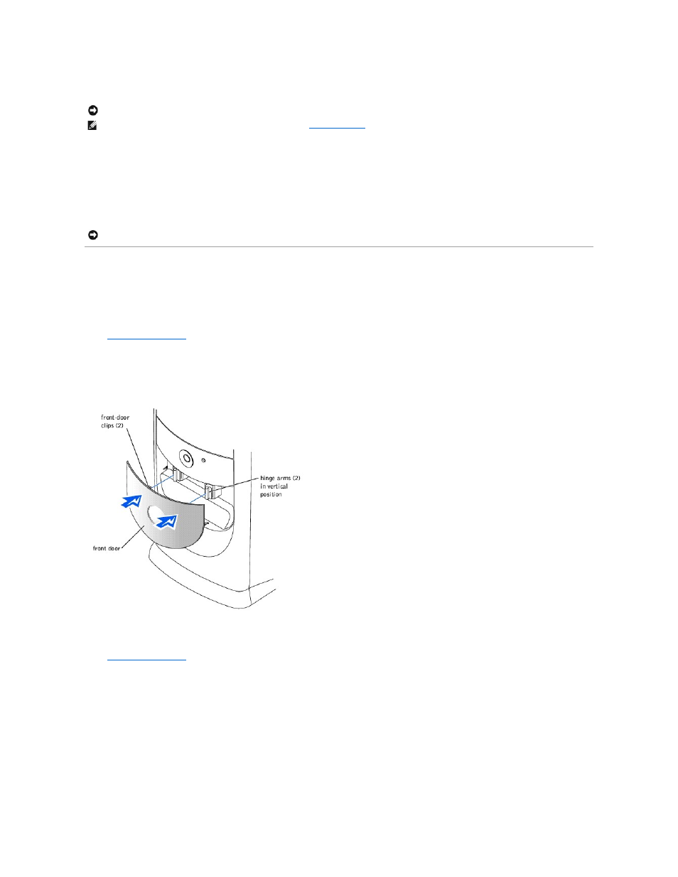 Shutting down the computer, Reattaching the front door and hinge arms, Windows xp | Reattaching the front door, Reattaching the hinge arms | Dell Dimension 4500 User Manual | Page 13 / 59